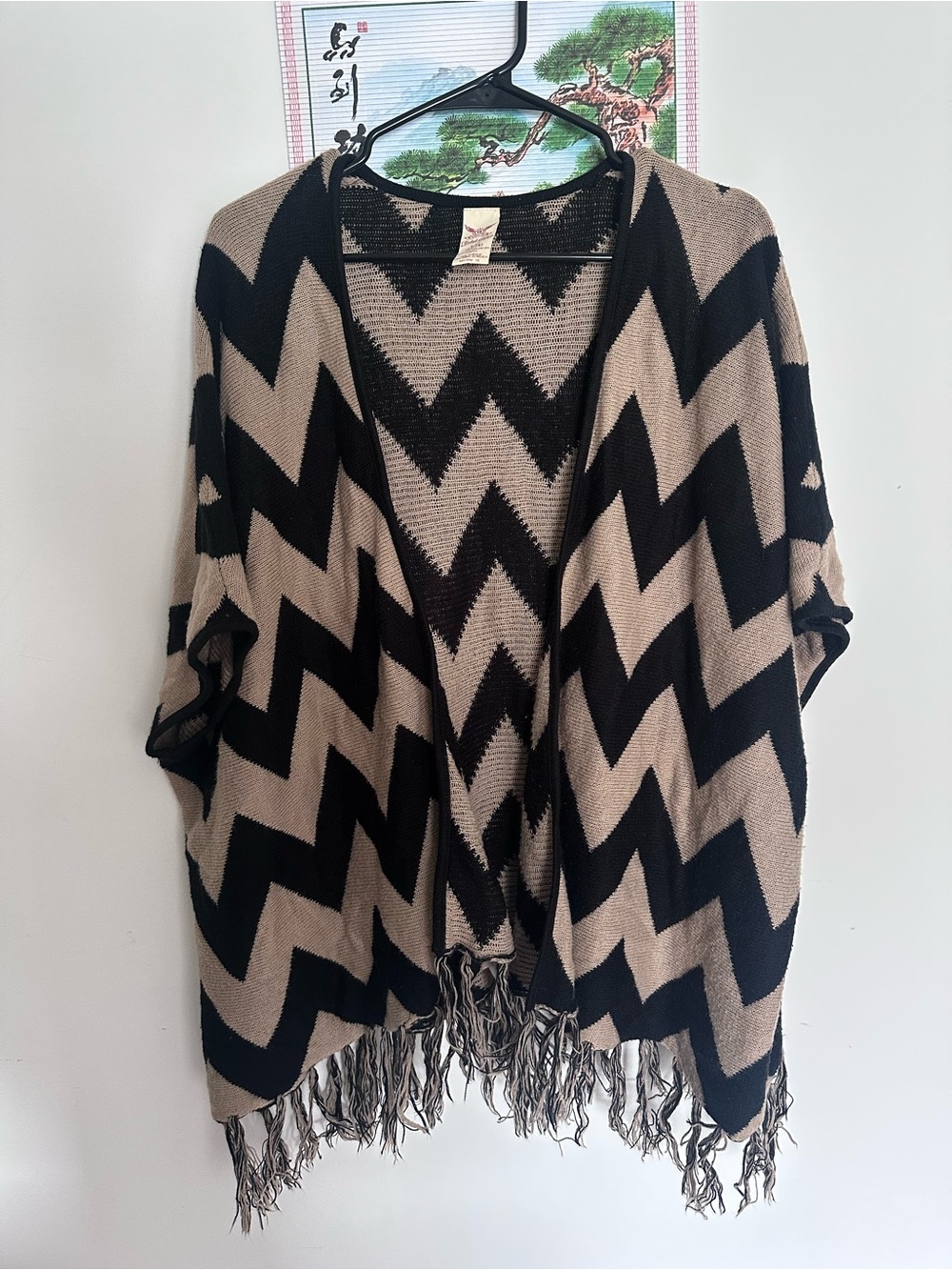Faded Glory Black and Tan Chevron Fringe Poncho